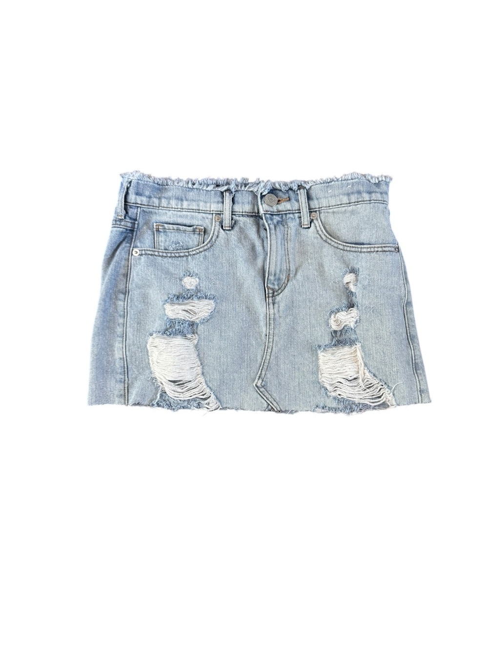 EXPRESS Straight Mini Jean Skirt Women Size 2 Blue Mid Rise Distressed Raw Hem